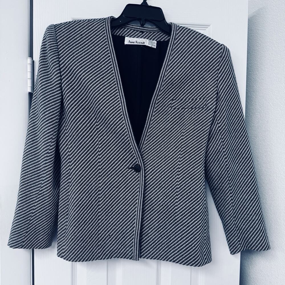 VTG 90s Anne‎ Klein Wool Silk Cashmere black white Blazer Jacket sz 4 striped